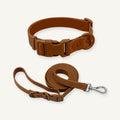 Custom solid PVC dog collar leash set shown in brown with same tone buckle