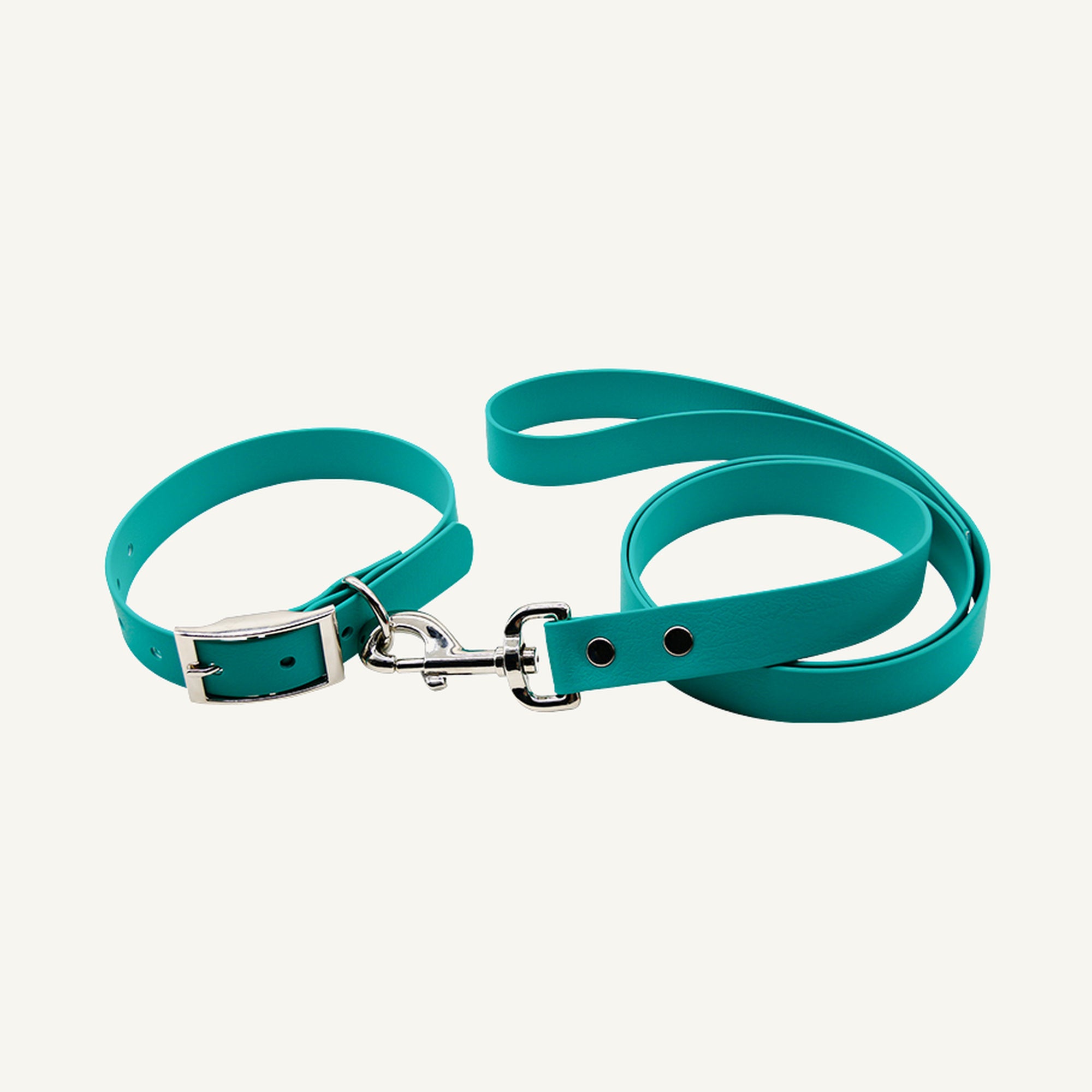 Custom solid PVC integrated dog collar leash set shown in teal with silver tone metal hardware