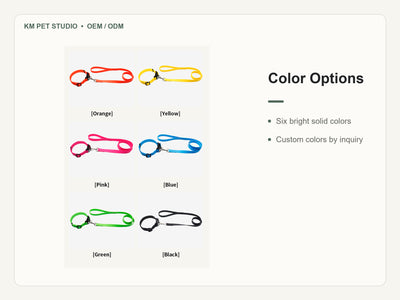 Custom solid PVC quick release dog collar leash set detail view of color options construction