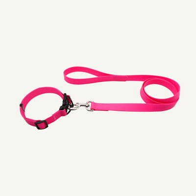 Custom solid PVC quick release dog collar leash set shown in pink with adjustable buckle collar and lead