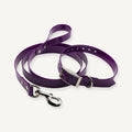 Custom solid TPU dog collar leash set shown in purple with pin buckle hardware