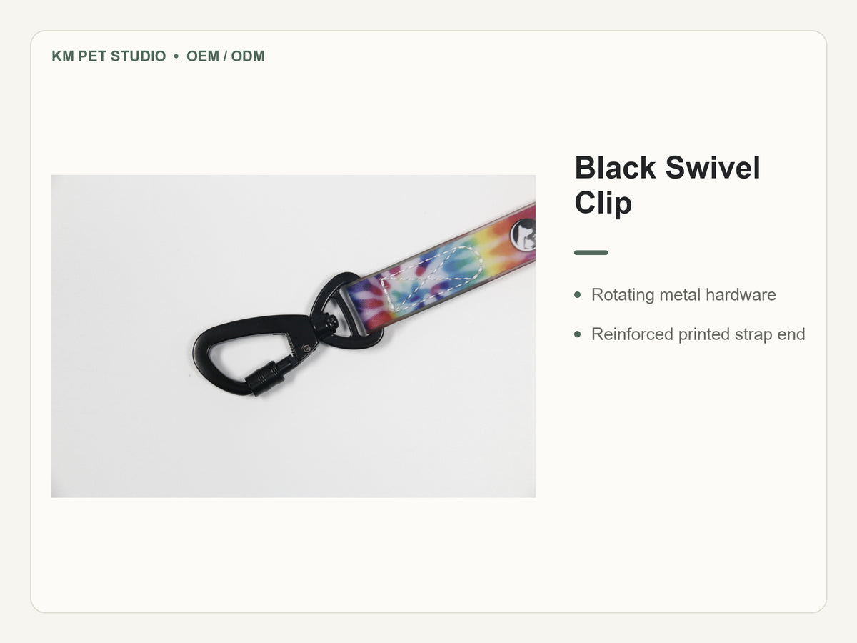 Custom tie dye printed PVC dog collar leash set detail view of black swivel clip construction