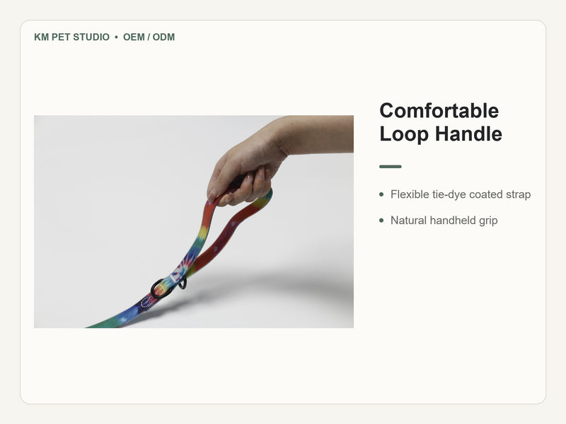 Custom tie dye printed PVC dog collar leash set detail view of comfortable loop handle construction