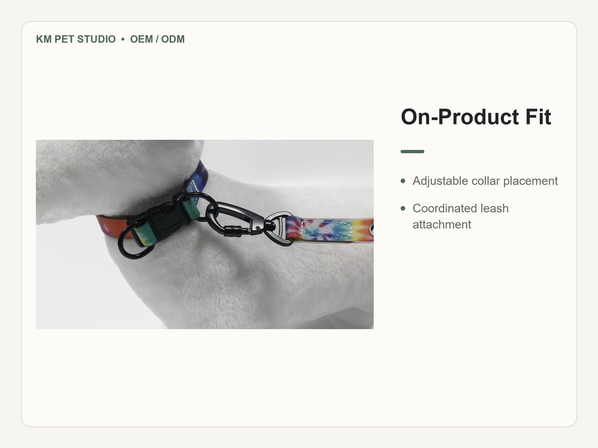 Custom tie dye printed PVC dog collar leash set detail view of on-product fit construction