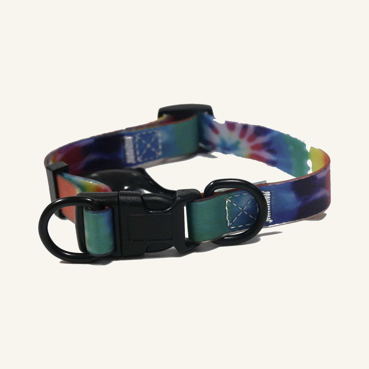 Custom tie dye printed PVC dog collar leash set showing the adjustable tie dye collar front view