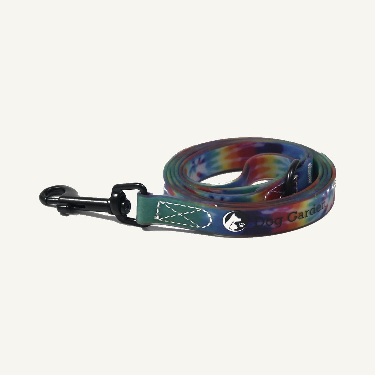 Custom tie dye printed PVC dog collar leash set showing the coiled tie dye leash with black clip