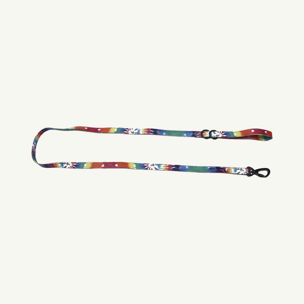 Custom tie dye printed PVC dog collar leash set showing the complete printed lead in extended layout