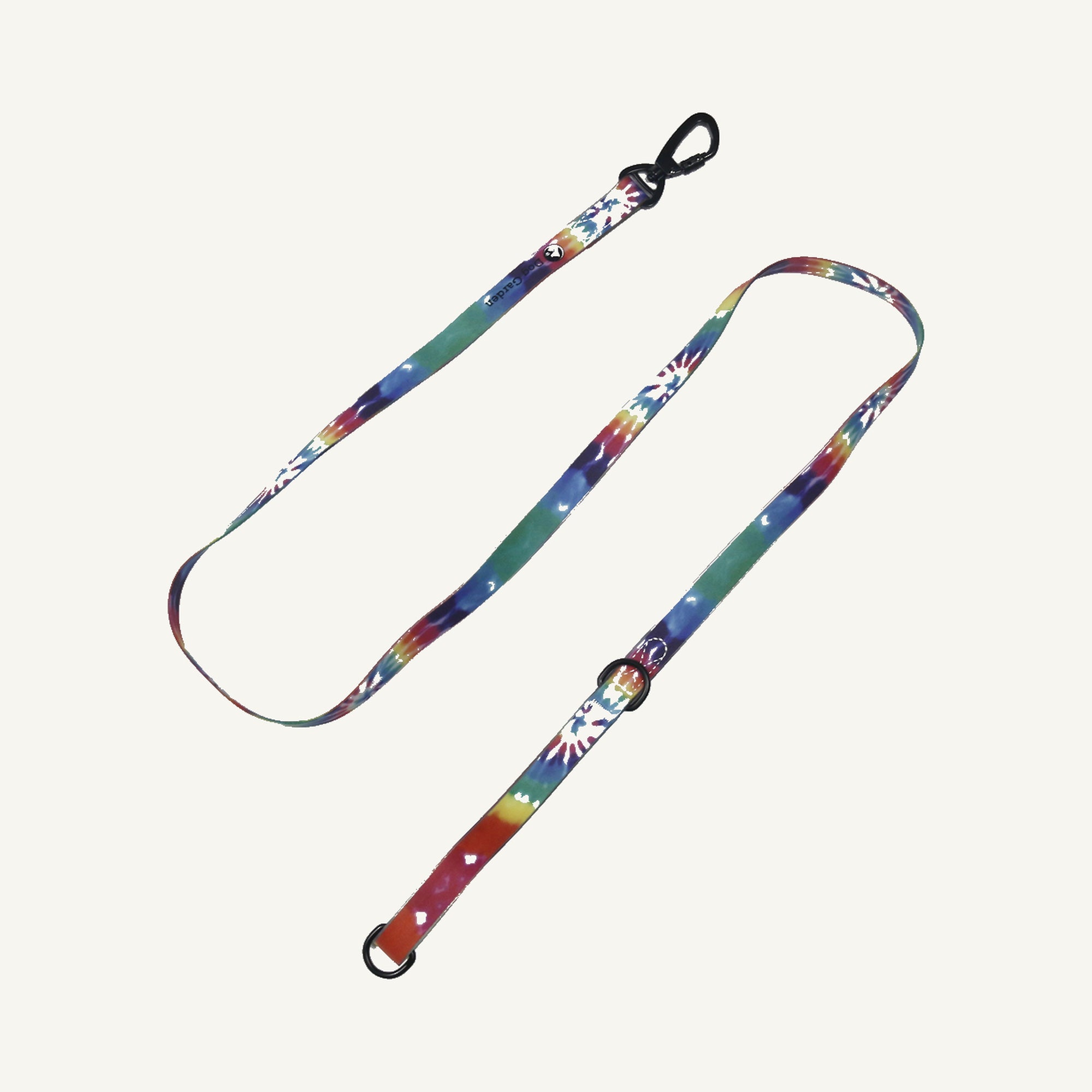 Custom tie dye printed PVC dog collar leash set showing the long printed leash and separate extension strap