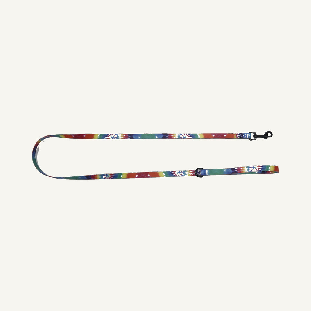 Custom tie dye printed PVC dog collar leash set showing the multifunction printed leash laid flat