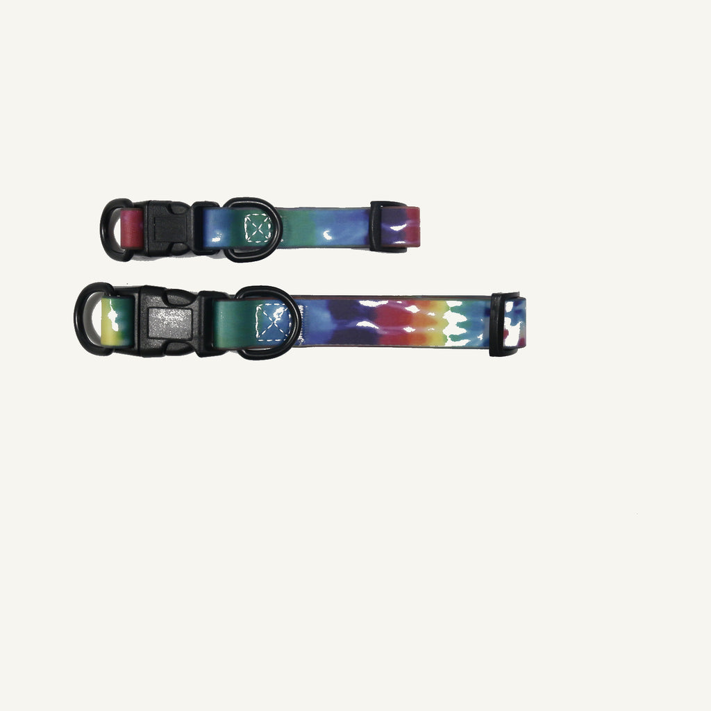 Custom tie dye printed PVC dog collar leash set showing two adjustable collars with black quick release buckles