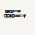 Custom tie dye printed PVC dog collar leash set showing two adjustable collars with black quick release buckles