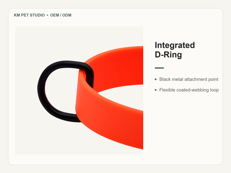 Custom waterproof PVC dog collar and two meter leash set detail view of integrated d-ring construction