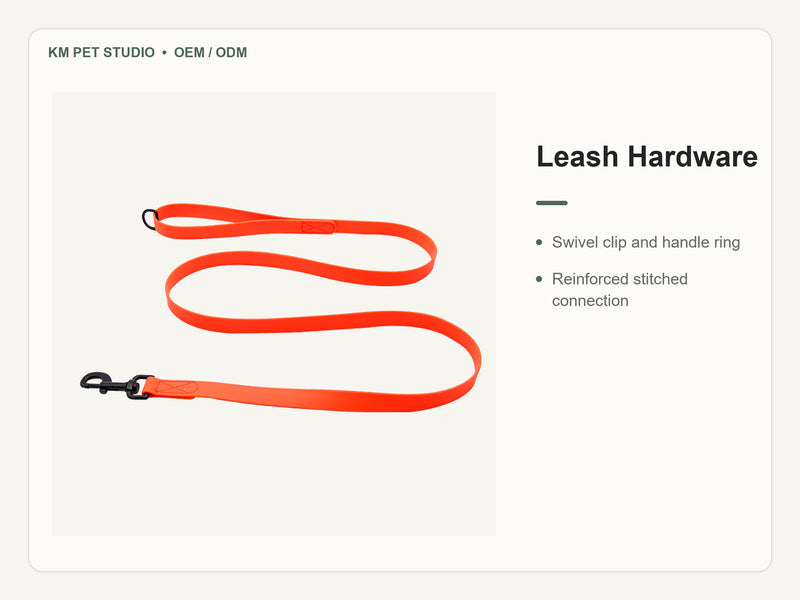 Custom waterproof PVC dog collar and two meter leash set detail view of leash hardware construction