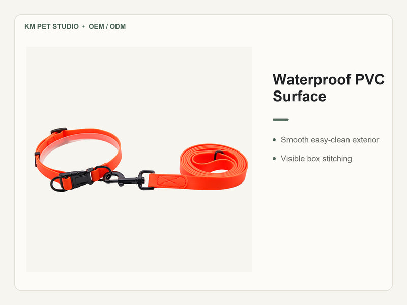 Custom waterproof PVC dog collar and two meter leash set detail view of waterproof pvc surface construction