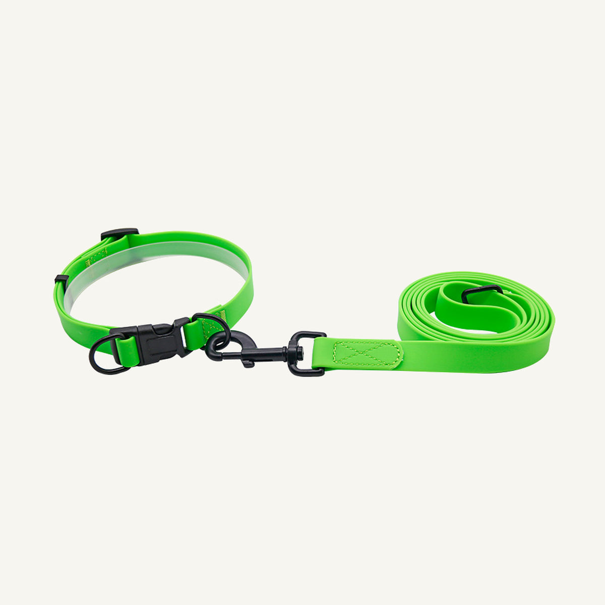 Custom waterproof PVC dog collar and two meter leash set shown in green with collar and lead