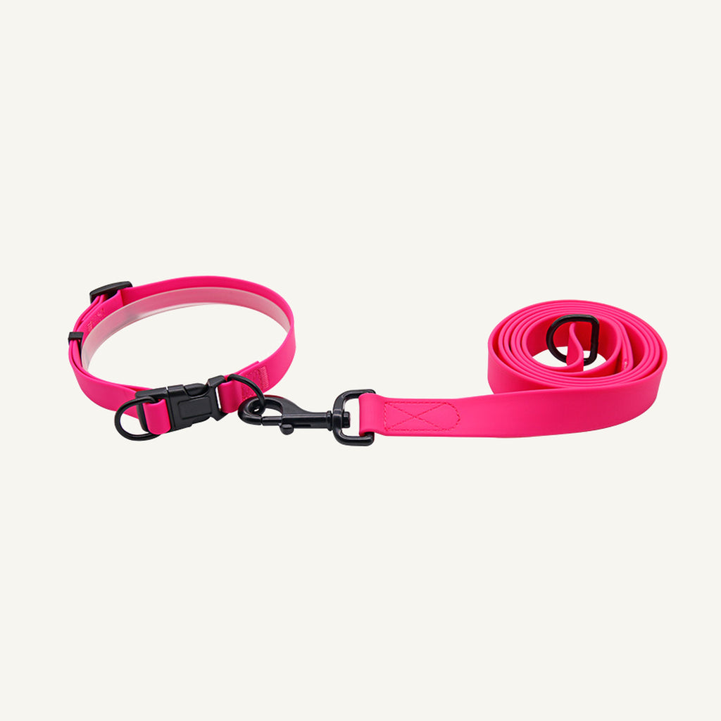 Custom waterproof PVC dog collar and two meter leash set shown in pink with matching long leash