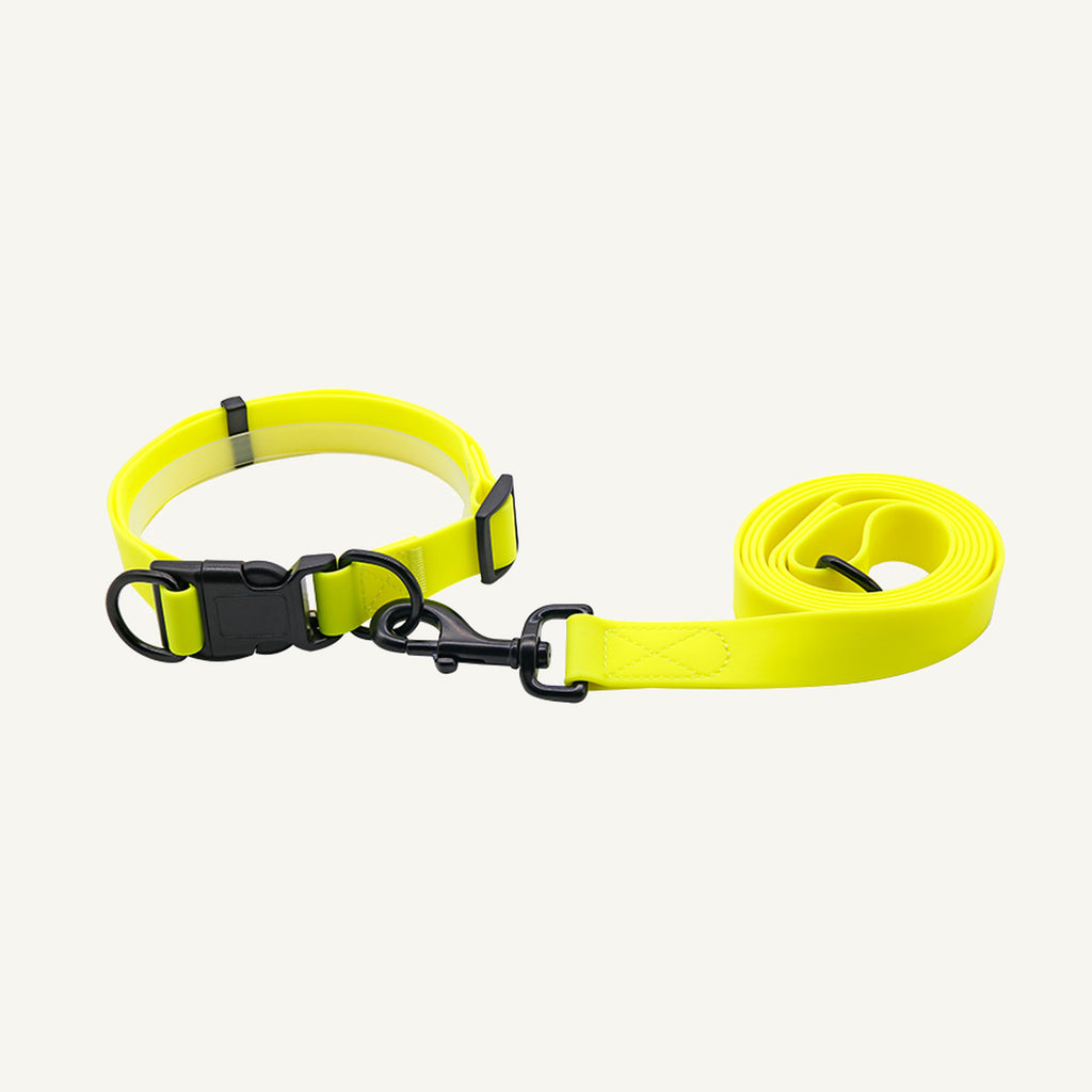 Custom waterproof PVC dog collar and two meter leash set shown in yellow with collar and lead
