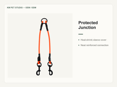 Custom waterproof PVC double dog leash connector detail view of protected junction construction