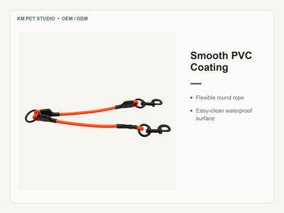 Custom waterproof PVC double dog leash connector detail view of smooth pvc coating construction