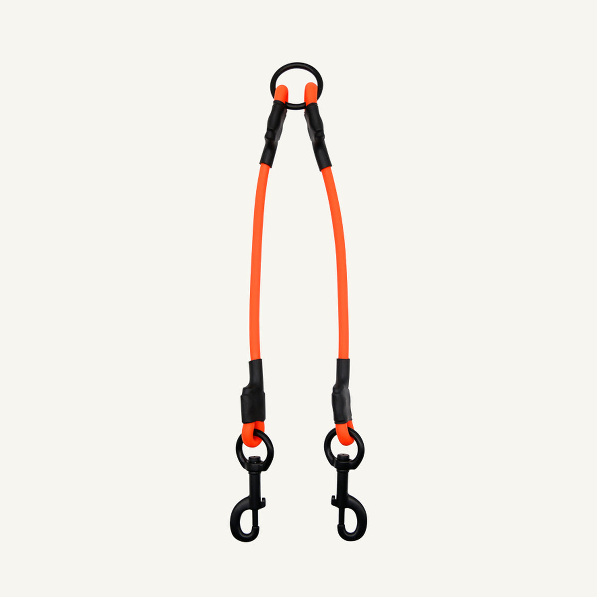 Custom waterproof PVC double dog leash connector in orange showing two balanced coated rope branches