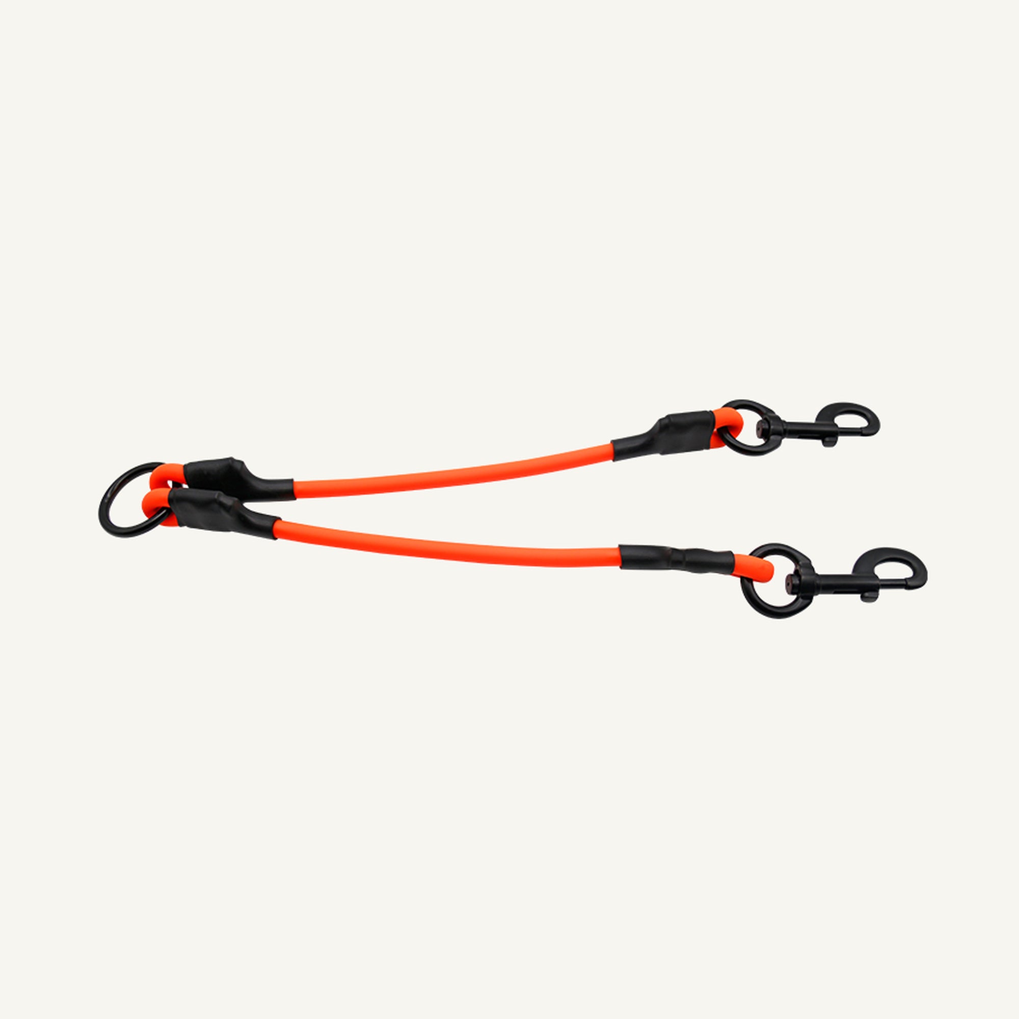Custom waterproof PVC double dog leash connector laid horizontally with two black swivel clips