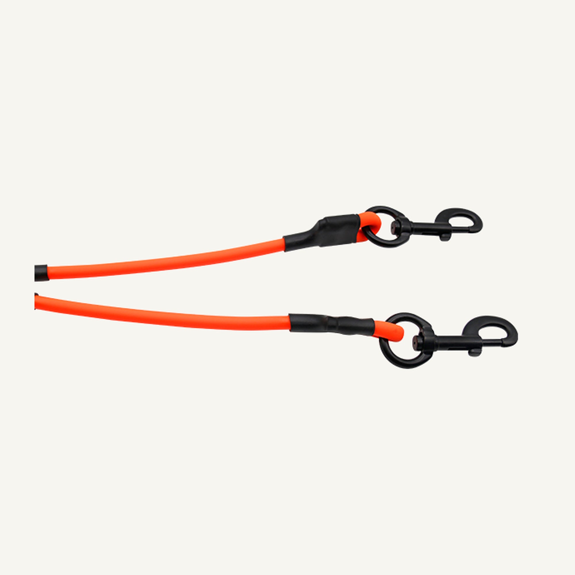 Custom waterproof PVC double dog leash connector showing both individual swivel clips in a horizontal detail