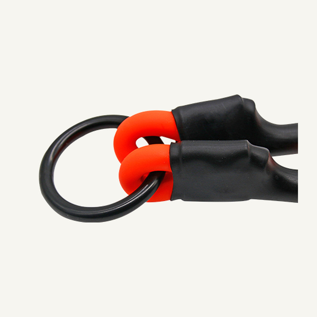 Custom waterproof PVC double dog leash connector shown close up at the protected shared connection ring