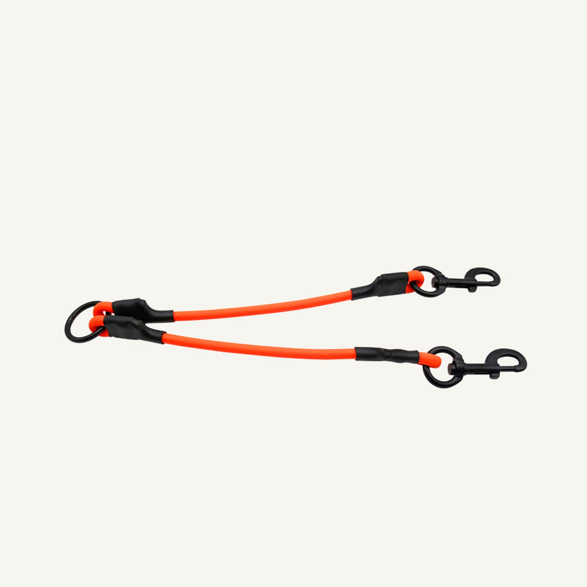 Custom waterproof PVC double dog leash splitter showing the orange two branch connector front view