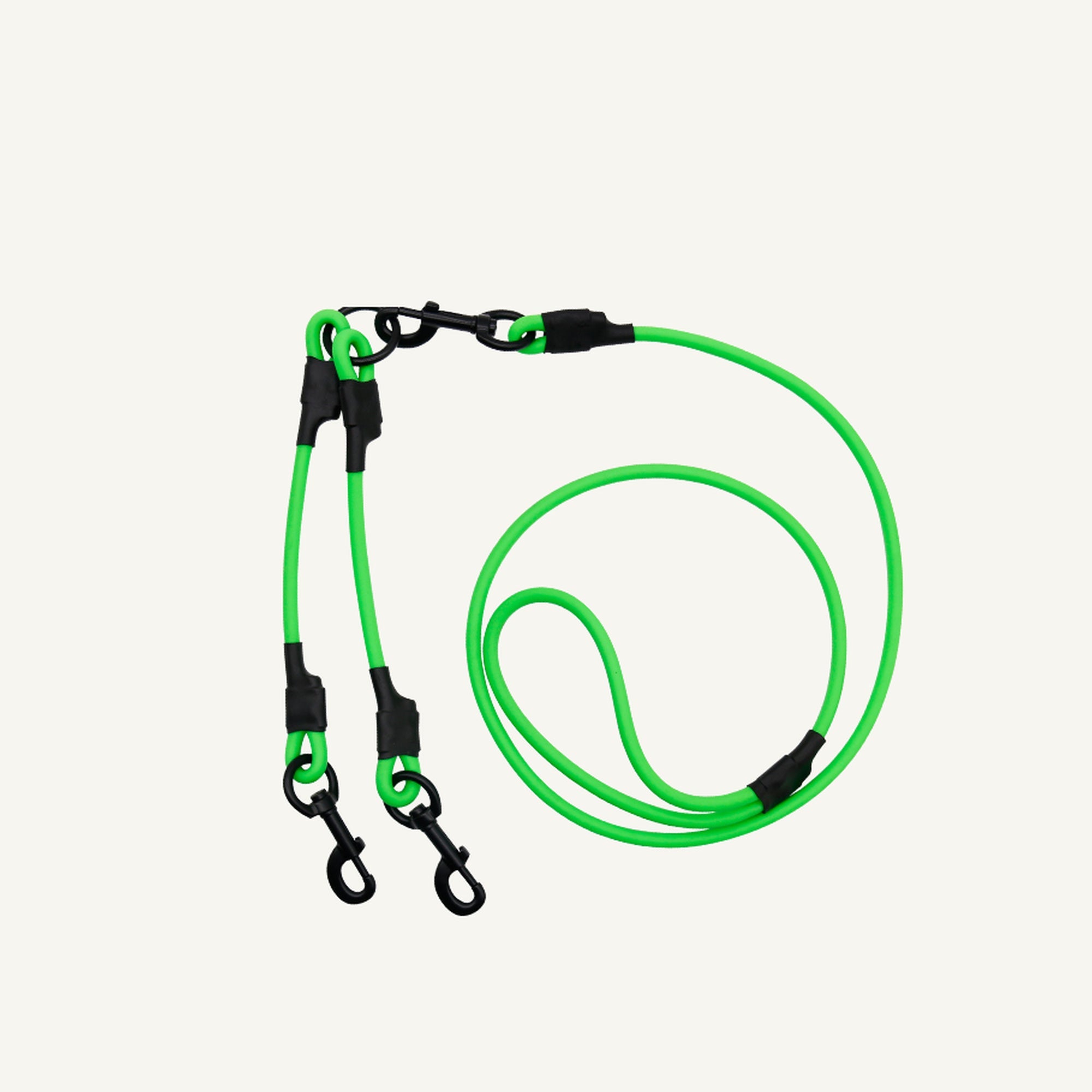 Custom waterproof PVC double dog leash splitter shown in green with matching lead and two branches