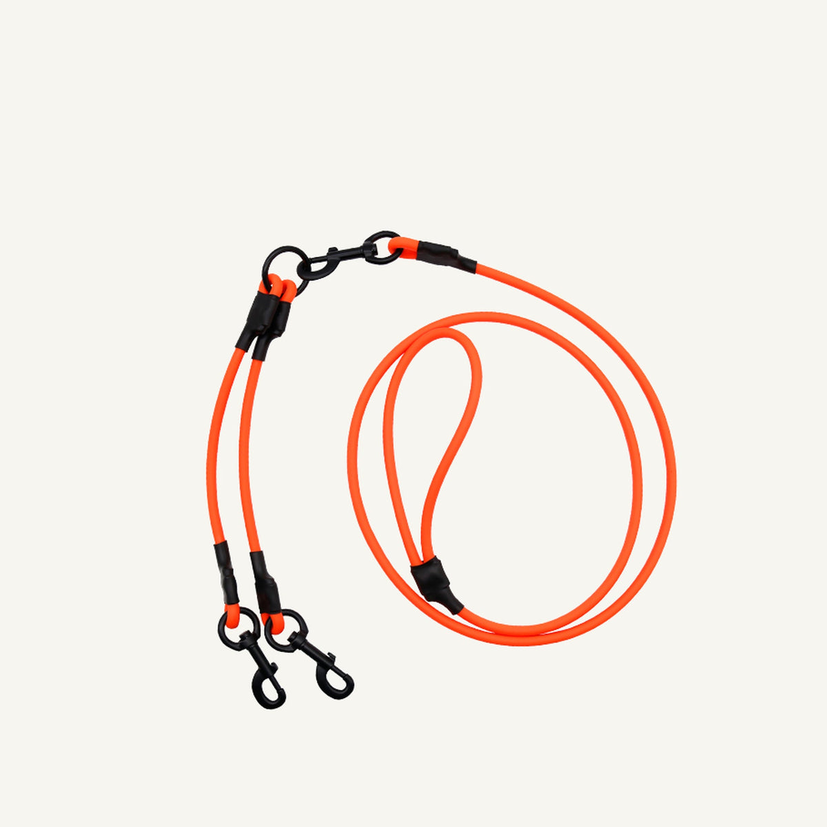 Custom waterproof PVC double dog leash splitter shown in orange with matching lead and two branches