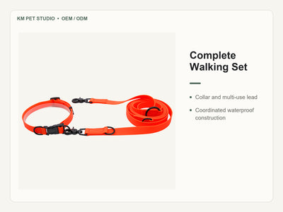 Custom waterproof PVC multifunction hands free dog leash set detail view of complete walking set construction