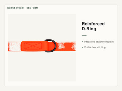 Custom waterproof PVC multifunction hands free dog leash set detail view of reinforced d-ring construction