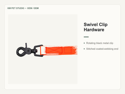 Custom waterproof PVC multifunction hands free dog leash set detail view of swivel clip hardware construction