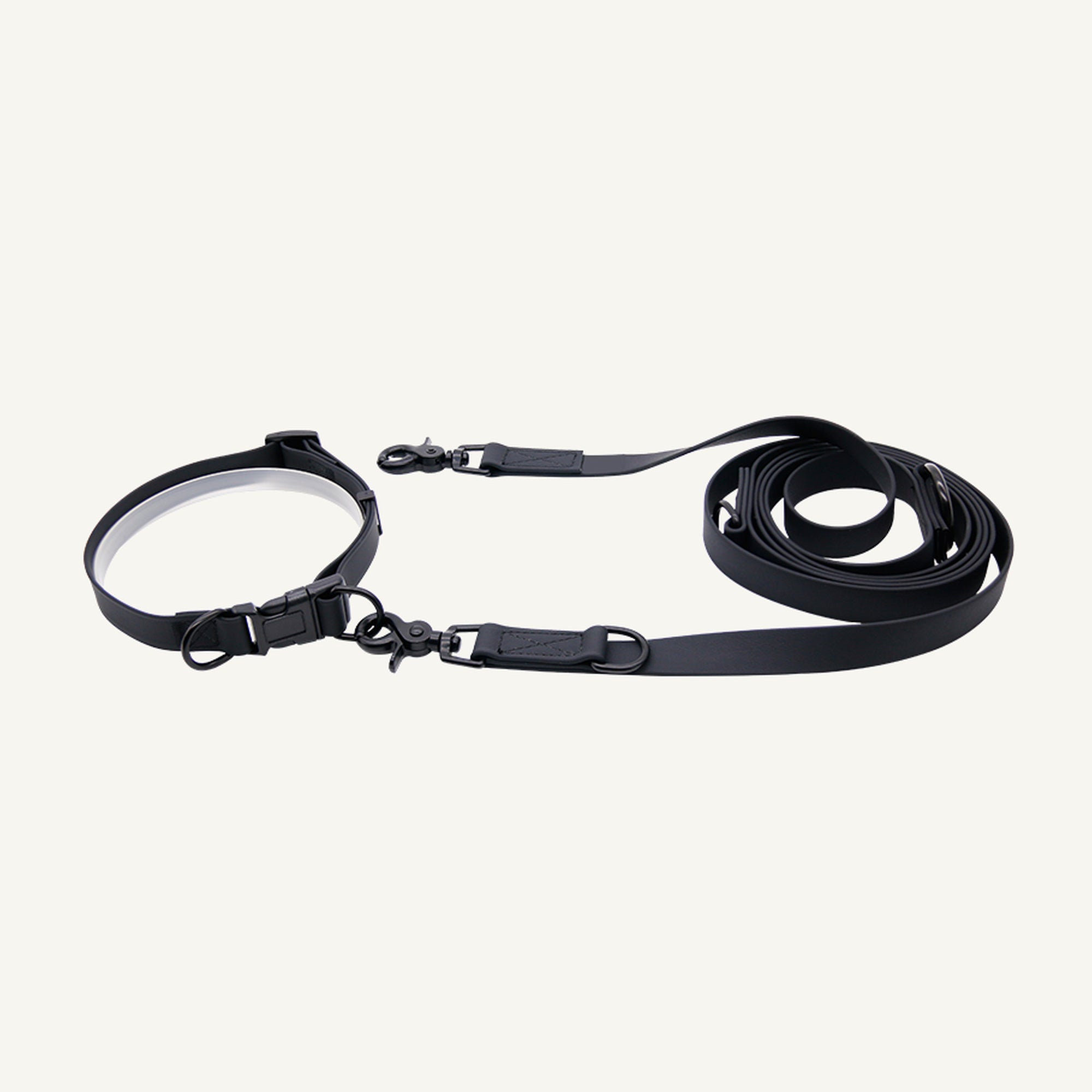 Custom waterproof PVC multifunction hands free dog leash set in black showing collar connector and adjustable lead
