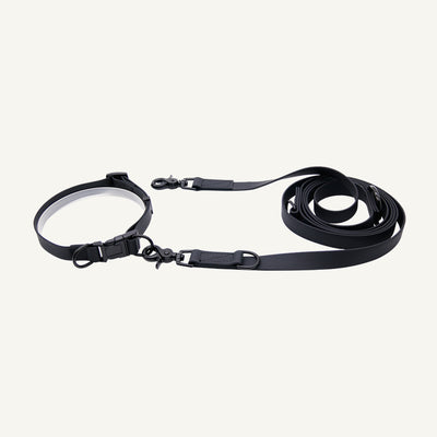Custom waterproof PVC multifunction hands free dog leash set in black showing collar connector and adjustable lead