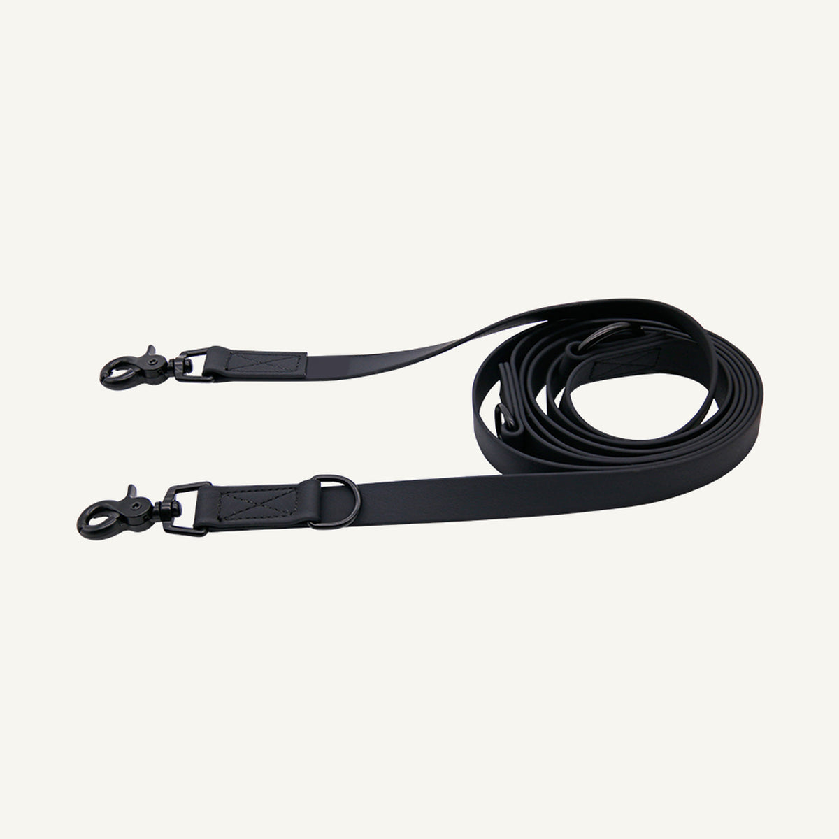 Custom waterproof PVC multifunction hands free dog leash set showing the black adjustable lead with two clips