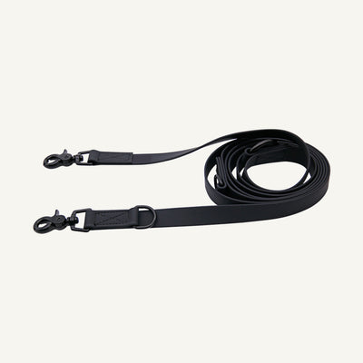 Custom waterproof PVC multifunction hands free dog leash set showing the black adjustable lead with two clips