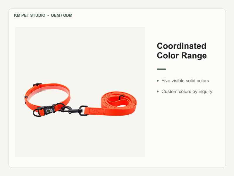 Custom waterproof PVC quick release dog collar leash set detail view of coordinated color range construction