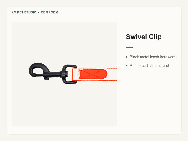 Custom waterproof PVC quick release dog collar leash set detail view of swivel clip construction