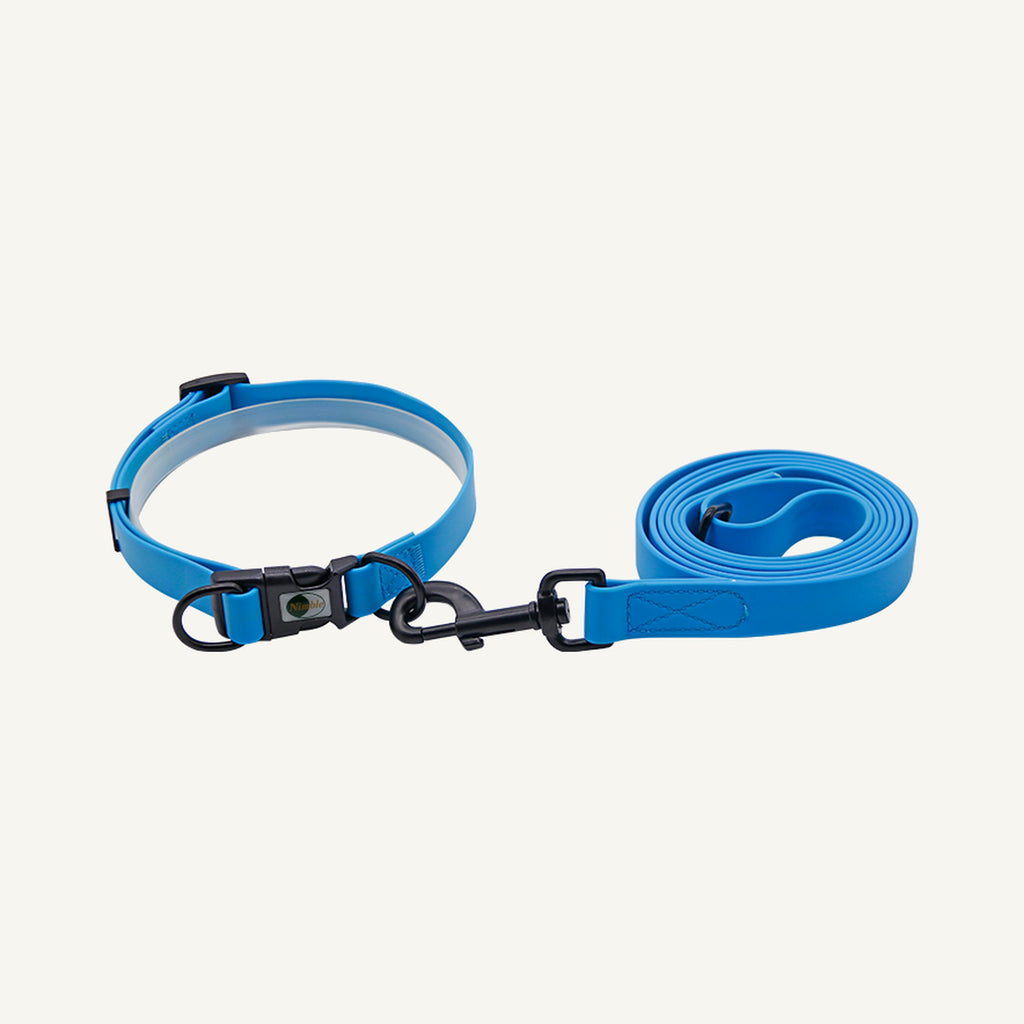 Custom waterproof PVC quick release dog collar leash set showing the light blue collar and coiled leash