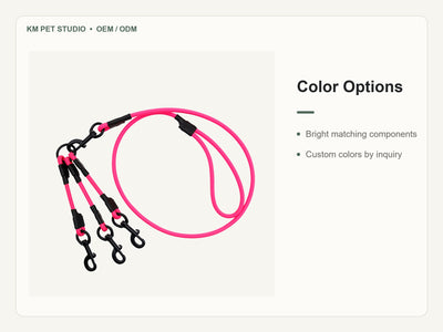 Custom waterproof PVC triple dog leash splitter detail view of color options construction