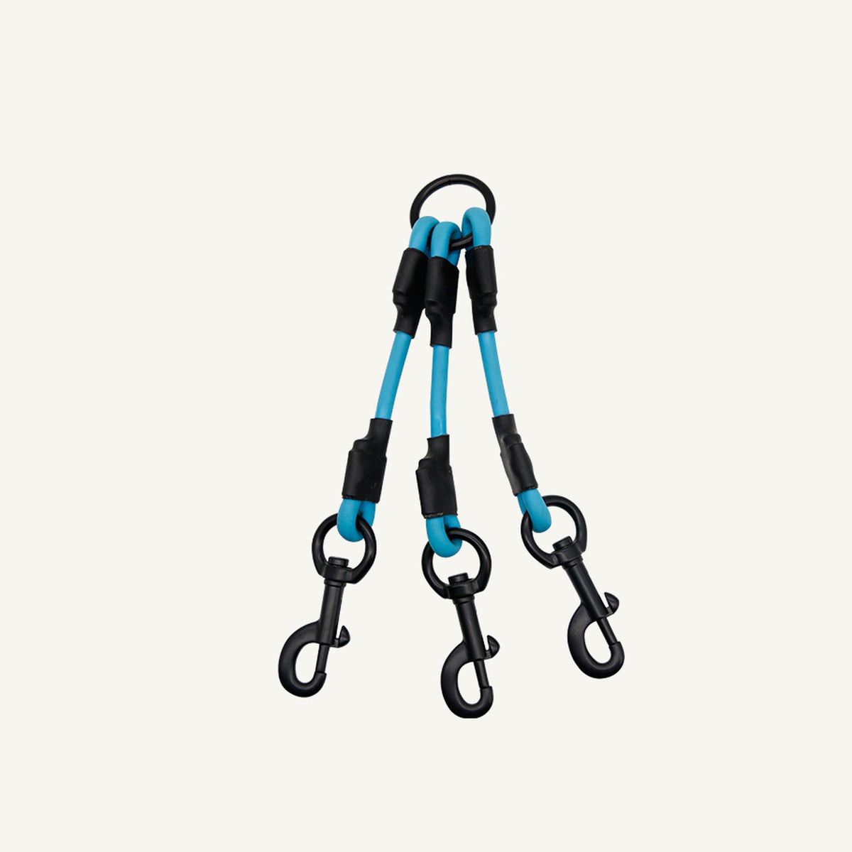 Custom waterproof PVC triple dog leash splitter showing the blue three branch splitter front view