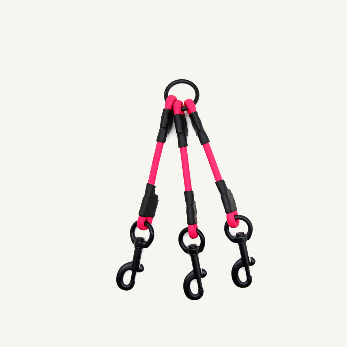 Custom waterproof PVC triple dog leash splitter showing the pink three branch splitter front view