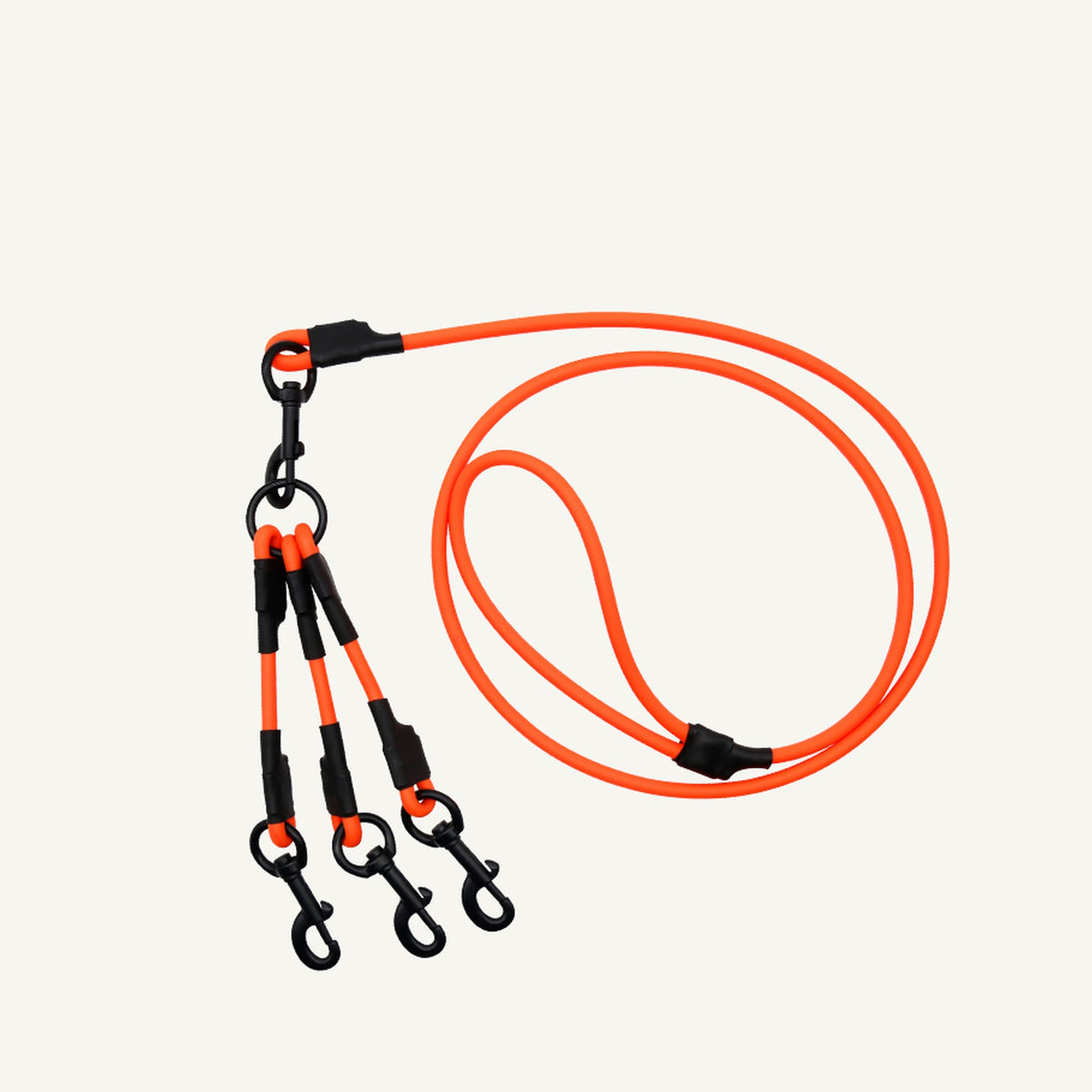 Custom waterproof PVC triple dog leash splitter shown in bright orange with three secure clips