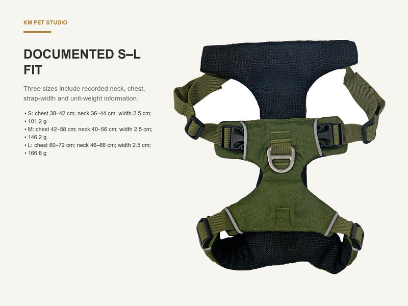Documented S–L Fit detail on 300d grid nylon reflective dog harness for wholesale buyers
