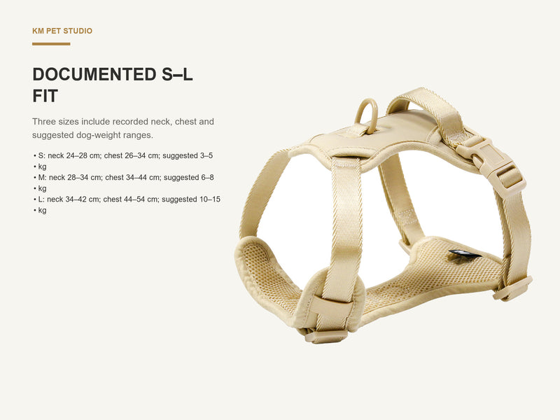 Documented S–L Fit detail on lightweight mesh dog harness with control handle for wholesale buyers