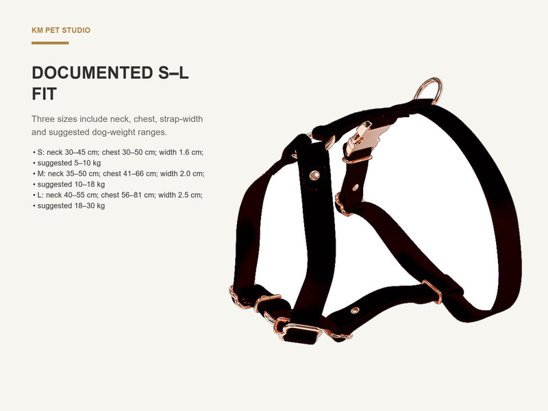 Documented S–L Fit detail on pvc dog harness with rose gold tone hardware for wholesale buyers