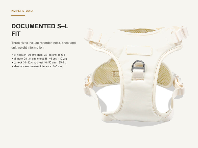 Documented S–L Fit detail on soft mesh adjustable dog harness for wholesale buyers