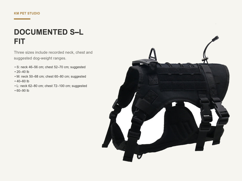 Documented S–L Fit detail on tactical padded dog harness with molle panel for wholesale buyers