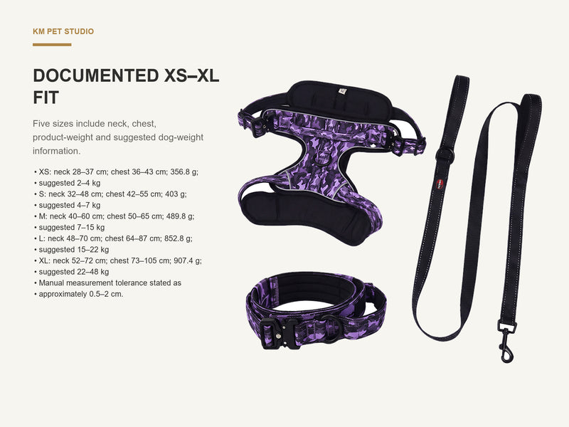 Documented XS–XL Fit detail on camouflage oxford dog harness collar and leash set for wholesale buyers